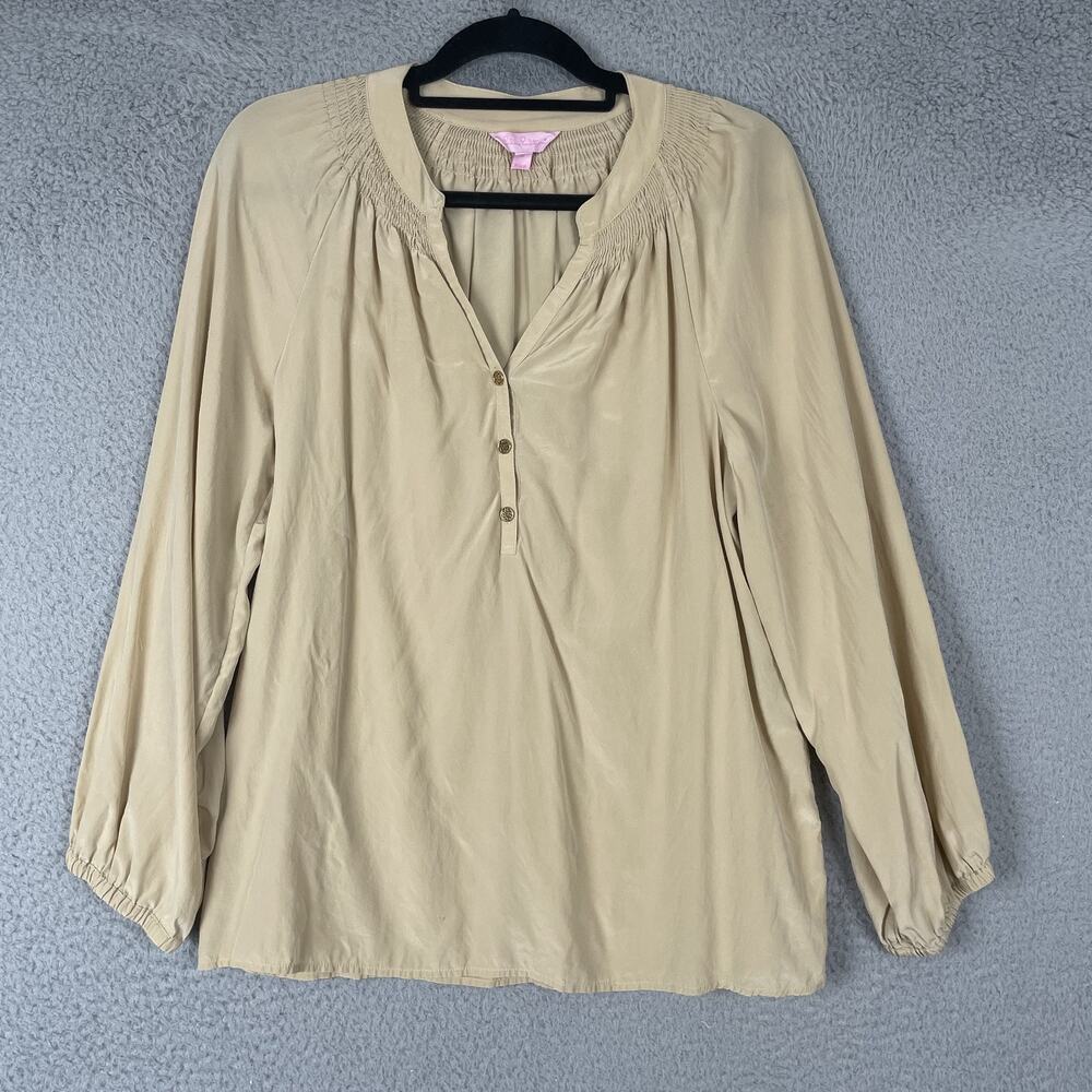 Lilly Pulitzer Blouse Womens Medium Beige 100% Silk Smocked Pullover Button Top